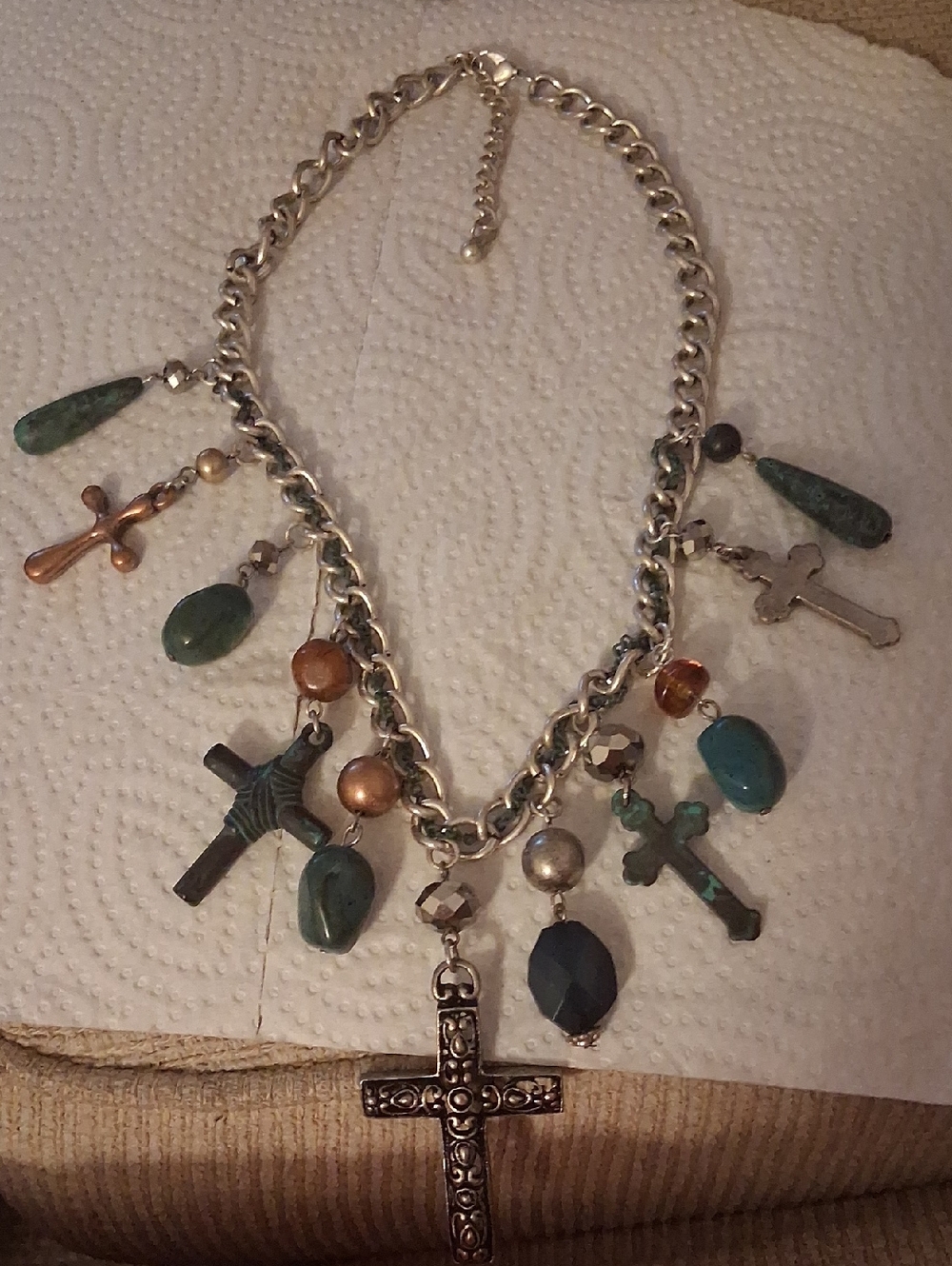Silver-Tone Cross Charm Necklace with Teal and Bronze Accents - Women Jewelry